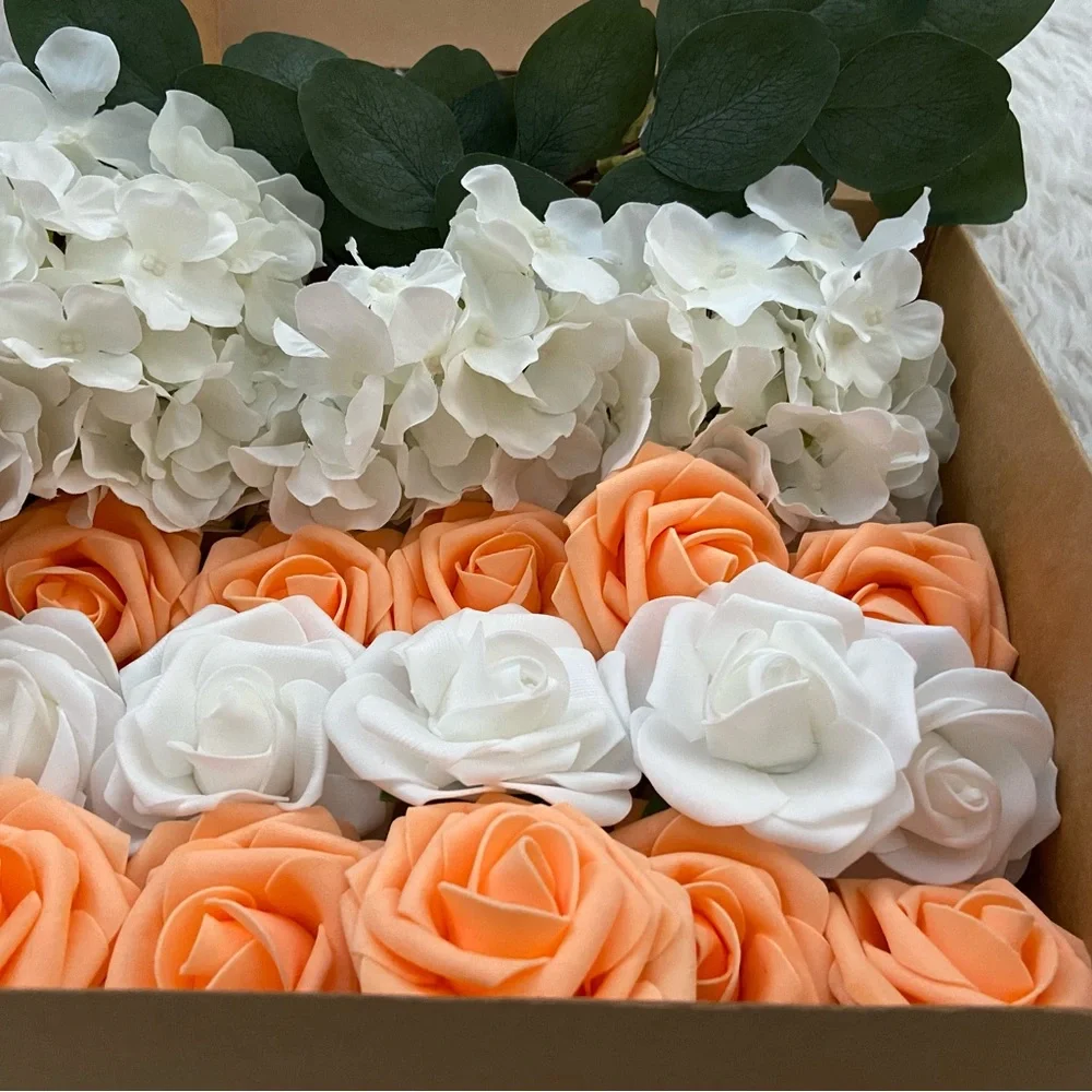 25 count | White Hydrangeas Orange Roses Eucalyptus Wedding Bouquet Centerpiece